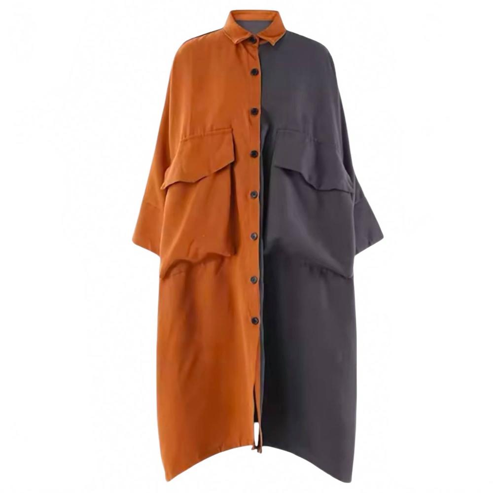 Two-Tone Orange and Charcoal Button-Front Oversized Hoodie Coat